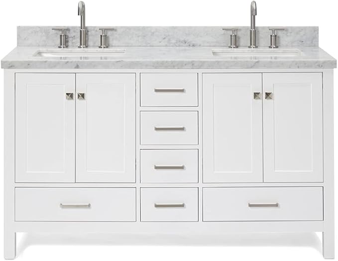 ARIEL Cambridge 60-inch Bathroom Vanity with Sink,Solid Wood, 1.5-inch Italian Carrara Marble Countertop, Double Rectangular Porcelain Sink, 4 Soft Closing Doors, 6 Dovetail Drawers, White
