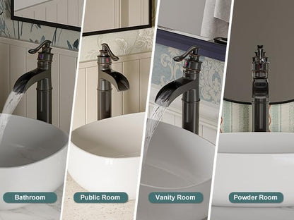 BWE Waterfall Spout Oil Rubbed Bronze Bathroom Faucet Single Handle One Hole Vessel Sink Faucet ORB Lavatory Faucets Deck Mount Tall Body Commercial
