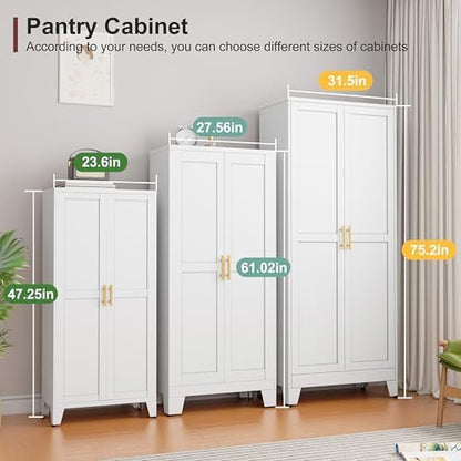 winiowa Metal Pantry Cabinet with 2 Doors and Adjustable Shelves, Kitchen Storage cabinets with Gold Handles, Versatile Storage for Laundry/Living Room,Bathroom,Dinning Room-White