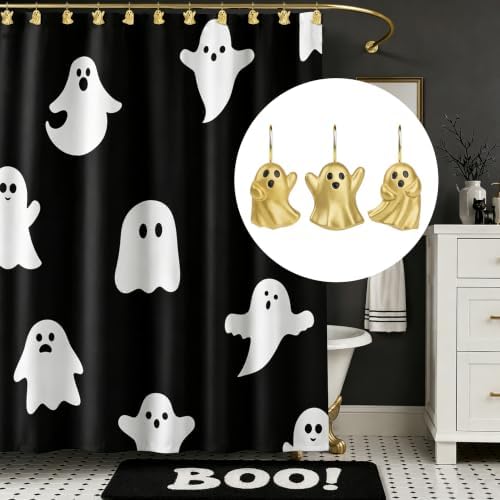 Sunlit Ghost Shower Curtain Hooks, Home Decorative Shower Curtain Rings for Bathroom, Halloween Shower Curtain Hangers Bathroom Accessories, Set of 12, Golden