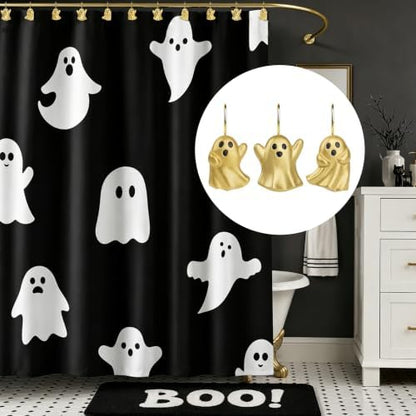 Sunlit Ghost Shower Curtain Hooks, Home Decorative Shower Curtain Rings for Bathroom, Halloween Shower Curtain Hangers Bathroom Accessories, Set of 12, Golden