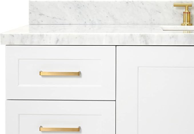 Emilia 60 Inch Bathroom Vanity Single Sink — White Bathroom Vanity with Sink, 1.5" Edge Italian Carrara Marble Countertop, Solid Wood, 2 Soft-Close Doors, 9 Dovetail Drawers