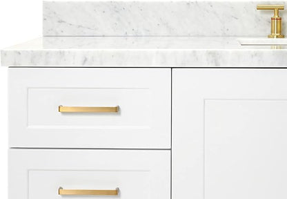 Emilia 60 Inch Bathroom Vanity Single Sink — White Bathroom Vanity with Sink, 1.5" Edge Italian Carrara Marble Countertop, Solid Wood, 2 Soft-Close Doors, 9 Dovetail Drawers