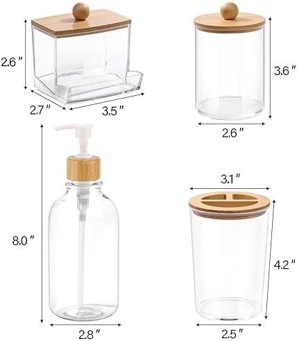 Bamboo Bathroom Accessories Set 4 Pcs - Clear Toothbrush Holder Plastic Soap Dispenser and 2 Qtip Holder Cotton Swab/Pad/Ball Container Jar