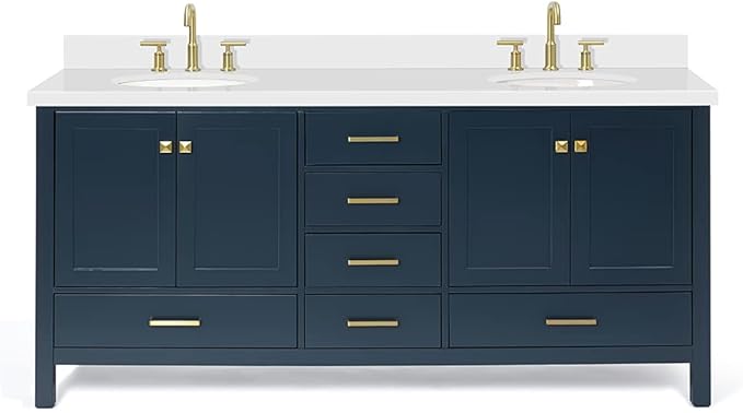 ARIEL Cambridge 72-inch Bathroom Vanity with Sink,Solid Wood, 1.5-inch Pure White Quartz Countertop & Backsplash, Double Oval Porcelain Sink, 4 Soft Closing Doors, 6 Dovetail Drawers, Midnight Blue