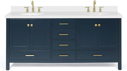 ARIEL Cambridge 72-inch Bathroom Vanity with Sink,Solid Wood, 1.5-inch Pure White Quartz Countertop & Backsplash, Double Oval Porcelain Sink, 4 Soft Closing Doors, 6 Dovetail Drawers, Midnight Blue
