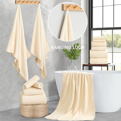 Ultra Soft Bath Towel Set,12 Piece (4 Bath Towels,4 Hand Towels,4 Washcloths) Family Bathroom Towel Set with Hanging Loops,Quick Dry Extra Absorbent Fluffy Shower Towel for Bathroom,Hotel,Spa-Beige