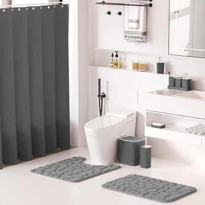 XLHOMO Bathroom Accessories Set- 25PC Grey Bathroom Set, Bathroom Set with Shower Curtain and Rugs, Shower Curtain Set, Toilet Brush, Trash Can, Qtip Holder Dispenser & Soap Dispenser