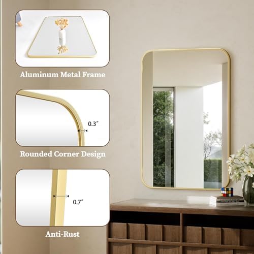BEAUTYPEAK 24" x 36" Rectangular Aluminum Alloy Frame Wall Mounted Bathroom Mirror with Rounded Corners, Gold