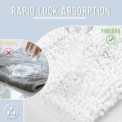 Yimobra Bathroom Rug Mat 44 x 24, Non Slip and Super Absorbent Bath Mat,Machine Washable Quick Dry,Ultra Plush Chenille Shower Rugs for Bathroom Floor Sink Tub and Shower Outside,White