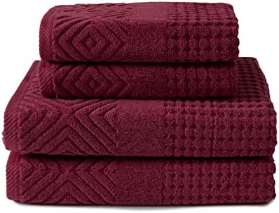Texere 100% Organic Cotton Diamond Jacquard 700 GSM Luxury Bath Towel Sets - Ultra Soft and Absorbent Hotel and Spa Quality (Diamond, Merlot, 2 Bath & 2 Hand Towels)