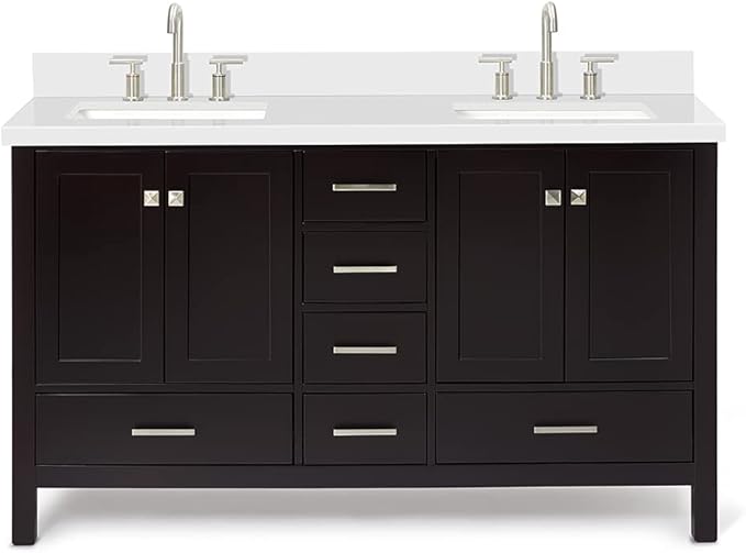 ARIEL Cambridge 60-inch Bathroom Vanity with Sink,Solid Wood, 1.5-inch Pure White Quartz Countertop, Double Rectangular Porcelain Sink, 4 Soft Closing Doors, 6 Dovetail Drawers, Espresso