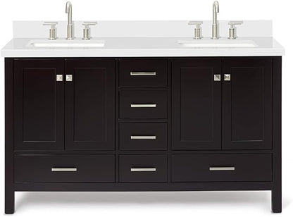 ARIEL Cambridge 60-inch Bathroom Vanity with Sink,Solid Wood, 1.5-inch Pure White Quartz Countertop, Double Rectangular Porcelain Sink, 4 Soft Closing Doors, 6 Dovetail Drawers, Espresso