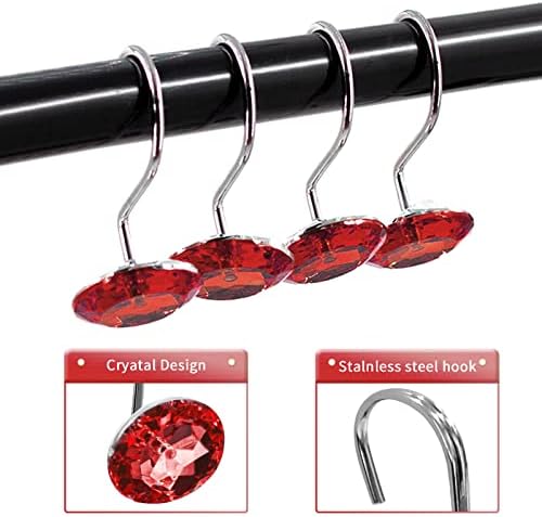 Crystal Diamond Round Shower Curtain Hooks Rings for Bathroom,Red,12PCS