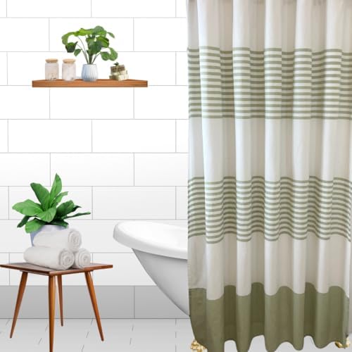 Serafina Home Sage Light Green & White Striped Cotton Shower Curtain