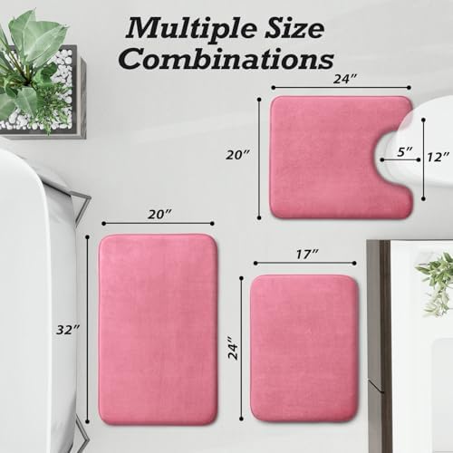 HUXMEYSON Bathroom Rugs Sets 3 Piece, Non-Slip & Quick Dry Bath Mat Set, Ultra Soft Velvet Bath Rugs for Bathroom, Toilet and Shower Floor, Pink