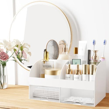 Makeup Organizer with Drawers, Cosmetic Storage for Dresser Vanity and Bathroom Countertop, Beauty Holder for Lipstick Brush, Skincare Organizer for Vanity, Cosmetic Display Case (White)