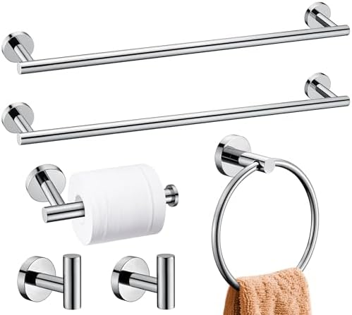 6 Pieces Polished Chrome Bathroom Hardware Accessories Set, SUS304 Stainless Steel 24 Inch Bath Towel Bar Set, Round Bathroom Towel Holder Set, Towel Racks for Bathroom Wall Mounted