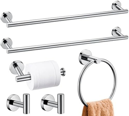 6 Pieces Polished Chrome Bathroom Hardware Accessories Set, SUS304 Stainless Steel 24 Inch Bath Towel Bar Set, Round Bathroom Towel Holder Set, Towel Racks for Bathroom Wall Mounted