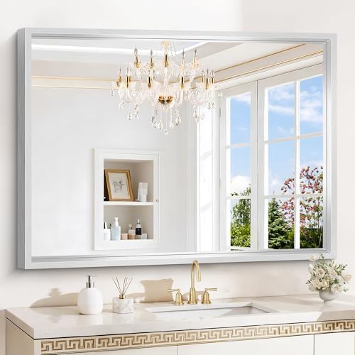 48 x 36 inch Brushed Silver Bathroom Mirror, Metal Framed Large Rectangle Mirror, 0.6" Thickened Deep Frame Mirrors for Living Room Bedroom, Tempered Glass, Antirust, Horizontal or Vertical