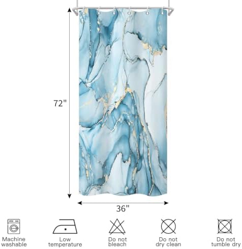 Aqua Blue Marble Shower Curtain Modern Abstract Luxury Gold Ink Texture Ombre Watercolor Bathroom Curtain Set with Hooks Soft and Lightweight Waterproof Fabric Machine Washable 36" Wx72 L