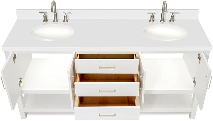 ARIEL Magnolia 72-inch Bathroom Vanity with Sink,Solid Wood, 1.5-inch Pure White Quartz Countertop & Backsplash, Double Rectangular Porcelain Sink, 4 Soft Closing Doors, 3 Dovetail Drawers, White