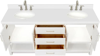 ARIEL Magnolia 72-inch Bathroom Vanity with Sink,Solid Wood, 1.5-inch Pure White Quartz Countertop & Backsplash, Double Rectangular Porcelain Sink, 4 Soft Closing Doors, 3 Dovetail Drawers, White
