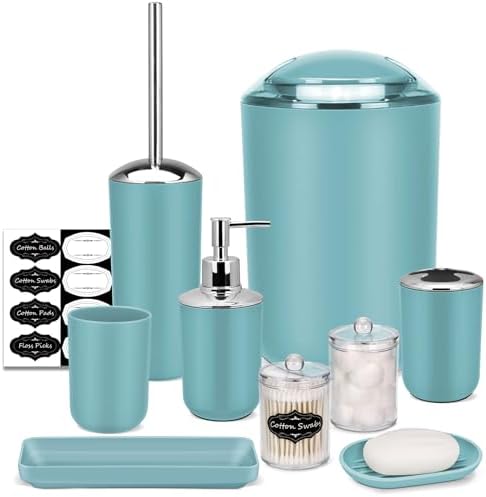 IMAVO Bathroom Accessories Set,Blue Bathroom Set,9 Pieces Bathroom Accessory Set,Tray,Qtip Holders,Toilet Brush,Trash Can for Bathroom Décor and Home Gifts