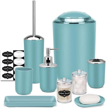 IMAVO Bathroom Accessories Set,Blue Bathroom Set,9 Pieces Bathroom Accessory Set,Tray,Qtip Holders,Toilet Brush,Trash Can for Bathroom Décor and Home Gifts