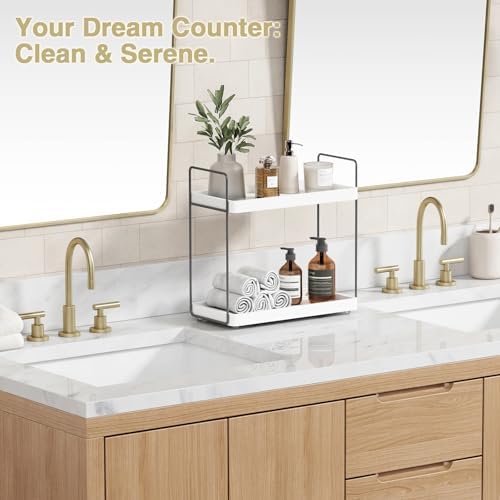 Forbena White Bathroom Organizer Countertop, Kitchen Counter Shelf Organizer for Coffee Bar Station, Makeup Vanity Organizers and Storage, Tiered Sink Tray for Perfurm Skincare (White and Grey)