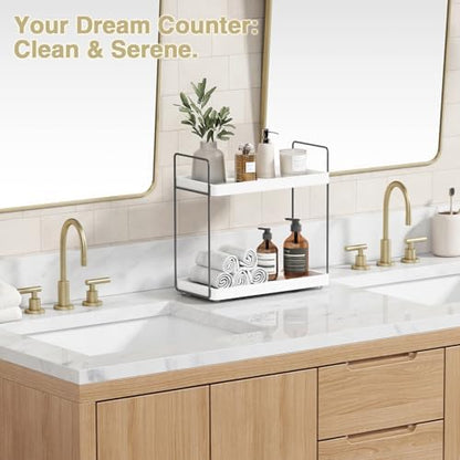 Forbena White Bathroom Organizer Countertop, Kitchen Counter Shelf Organizer for Coffee Bar Station, Makeup Vanity Organizers and Storage, Tiered Sink Tray for Perfurm Skincare (White and Grey)