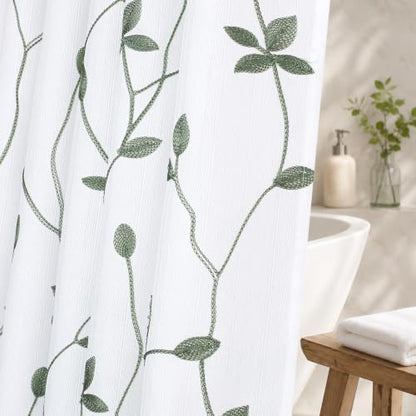 Embroidered Leaf Farmhouse Shower Curtain,Faux Linen,72x72,White Sage Green
