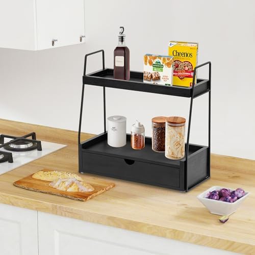 2-Tier Bathroom Countertop Organizer with Drawer, Wood Vanity Shelf Black