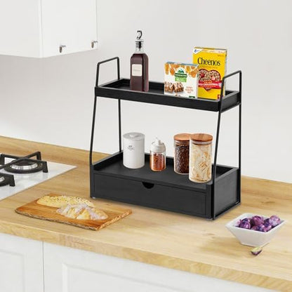 2-Tier Bathroom Countertop Organizer with Drawer, Wood Vanity Shelf Black