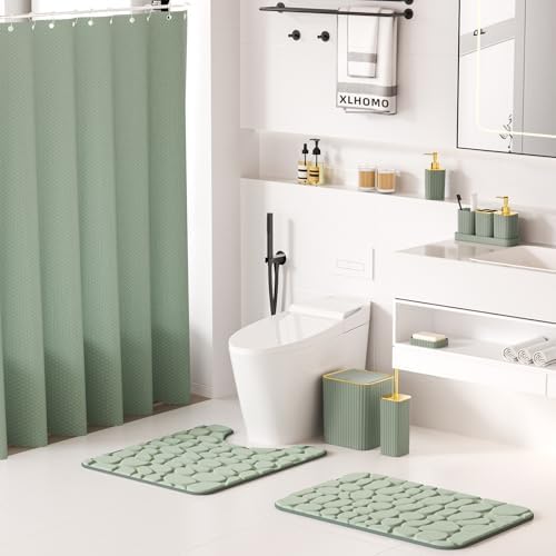 XLHOMO Bathroom Accessories Set - 25PC Sage Green Bathroom Set, Bathroom Set with Shower Curtain and Rugs, Sage Green Shower Curtain Set, Bathroom Accessory Set, Trash Can & Soap Dispenser