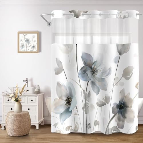 No Hook Shower Curtain and Liner Set, Blue Grey Boho Floral 71x84
