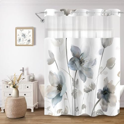 No Hook Shower Curtain and Liner Set, Blue Grey Boho Floral 71x84