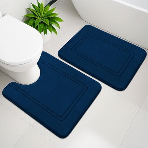 YIHOUSE Memory Foam Bath Mat Set, Bathroom Rugs Sets 2 Pieces, Non Slip Bath Mats for Bathroom, Super Soft and Water Absorbent Bath Rug Set, Machine Washable U Shape Toilet Rug,Dark Blue