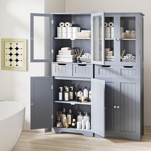 Betterhood 67" Tall Bathroom Storage Cabinet, Freestanding Cabinet with Glass Doors and Shelves, Large Bathroom Pantry with 2 Drawers for Living Room, Kitchen, Dining Room, Office, Gray