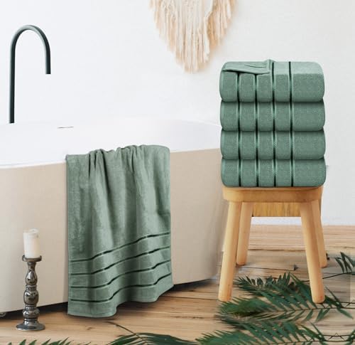 Luxury Bath Towels Set of 4, 27x54 Inches 600GSM 100% Cotton Ring Spun – Daily Use Highly Absorbent Viscose Stripe Bath Towel Sets for Bathroom, Hotel, Spa (Sage Green)