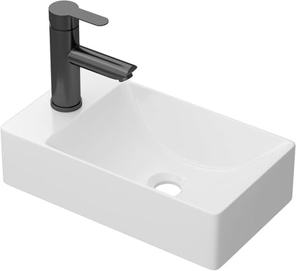 Small Bathroom Sink - 15"x9" Wall Mount Rectangular Ceramic Vessel Sink White Porcelain Floating Vanity Sink for Tiny Bathrooms with Faucet & Drain Combo (Left Hand Bowl Options)