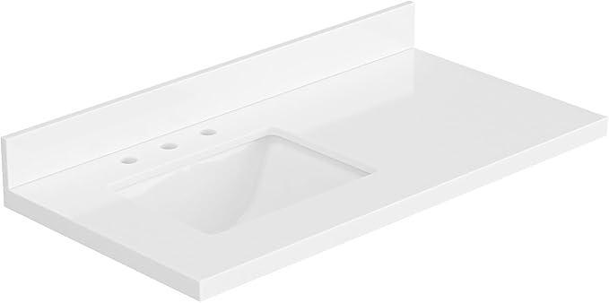 ARIEL 43 inch Bathroom Vanity top with Sink, 1.5 Inch Thick Miter Edge White Quartz top, Left Offset Vanity top with Rectangle Porcelain Sink, Includes Backsplash