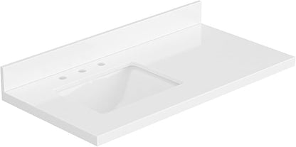 ARIEL 43 inch Bathroom Vanity top with Sink, 1.5 Inch Thick Miter Edge White Quartz top, Left Offset Vanity top with Rectangle Porcelain Sink, Includes Backsplash