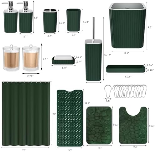 XLHOMO 26PC Bathroom Accessories Set - Gorgeous Green Bathroom Set, Bathroom Accessory Set, Shower Curtain Set with Bathtub Mats for Shower Tub, Trash Can & Soap Dispenser