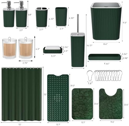XLHOMO 26PC Bathroom Accessories Set - Gorgeous Green Bathroom Set, Bathroom Accessory Set, Shower Curtain Set with Bathtub Mats for Shower Tub, Trash Can & Soap Dispenser