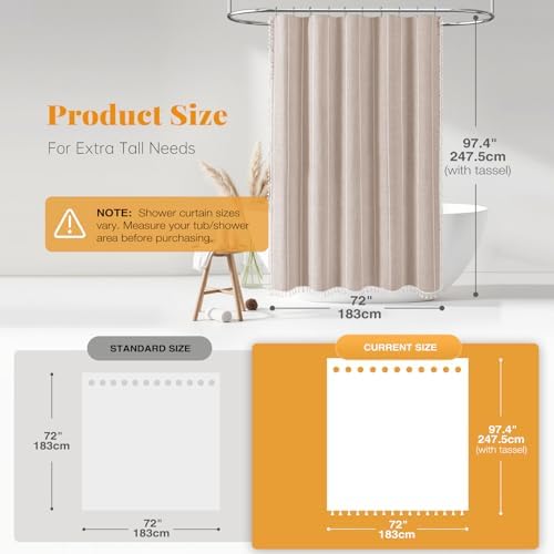 BTTN 72x96 Extra Long Boho Linen Heavy Duty Shower Curtain Set, Tan/Taupe