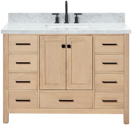 ARIEL Cambridge 48-inch Bathroom Vanity with Sink,Solid Wood, 1.5-inch Italian Carrara Marble Countertop, Single Rectangular Porcelain Sink, 2 Soft Closing Doors, 9 Dovetail Drawers, White Oak