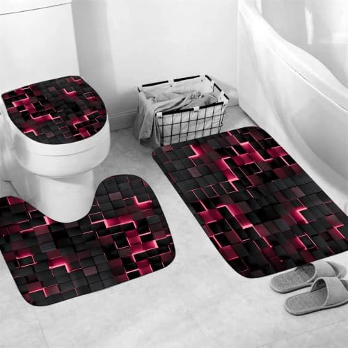 LQCOOL 4Pcs Pink Shower Curtain Set 3D Cubes Bathroom Sets Modern Shower Curtain Set for Bathroom Sets with Rugs Black and Pink Shower Curtain with 12 Hooks