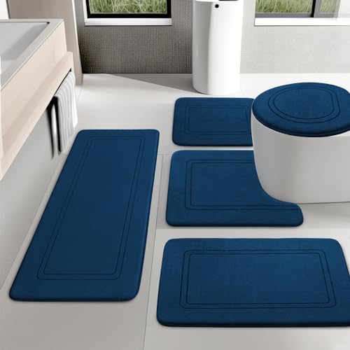 YIHOUSE Dark Blue Memory Foam Bathroom Rug Set 5 Piece, Absorbent Bath Mats, Non Slip Bath Mats for Bath Room Washable Dry Quickly Bath Rug Set for Bathroom Floor, Dark Blue Bath Mat Set 5 Piece