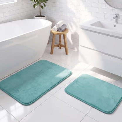 H.VERSAILTEX Bath Mat Memory Foam Set Bathroom Rug Set Flannel Velvety Bath Mat Luxury Extra Soft and Absorbent Non Slip Rugs for Bathroom/Bedroom Washable(2 Pack- 20"x 32"/ 17"x 24", Eggshell Blue)